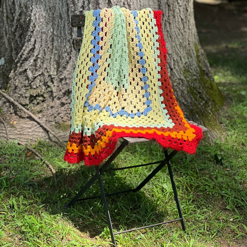 Vintage Handmade Cottagecore Crochet Rainbow Throw Blanket or Baby Blanket